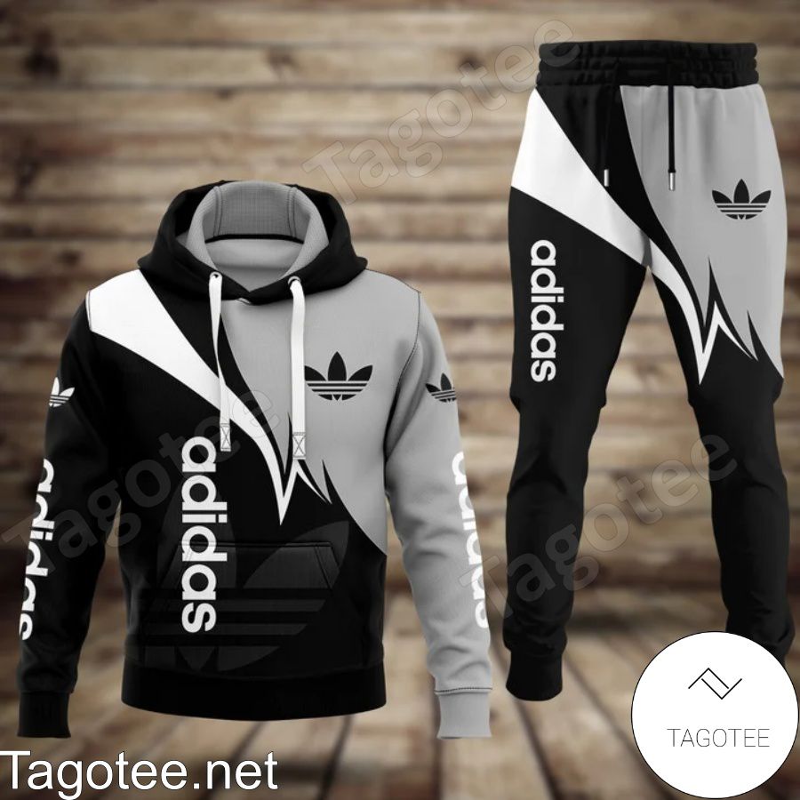 Adidas Logo Mix Color Black Grey And White Hoodie And Pants