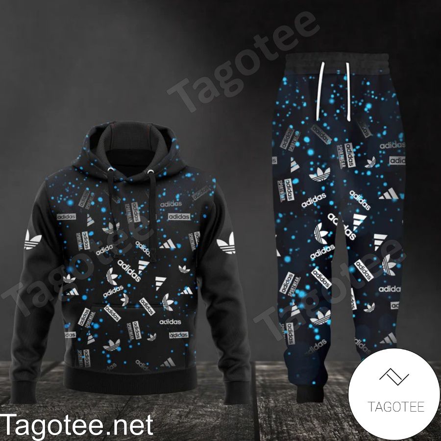 Adidas Logo Print Blue Particles On Black Hoodie And Pants