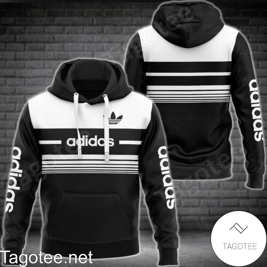 Adidas Luxury Black With White Horizontal Stripes Hoodie And Pants a