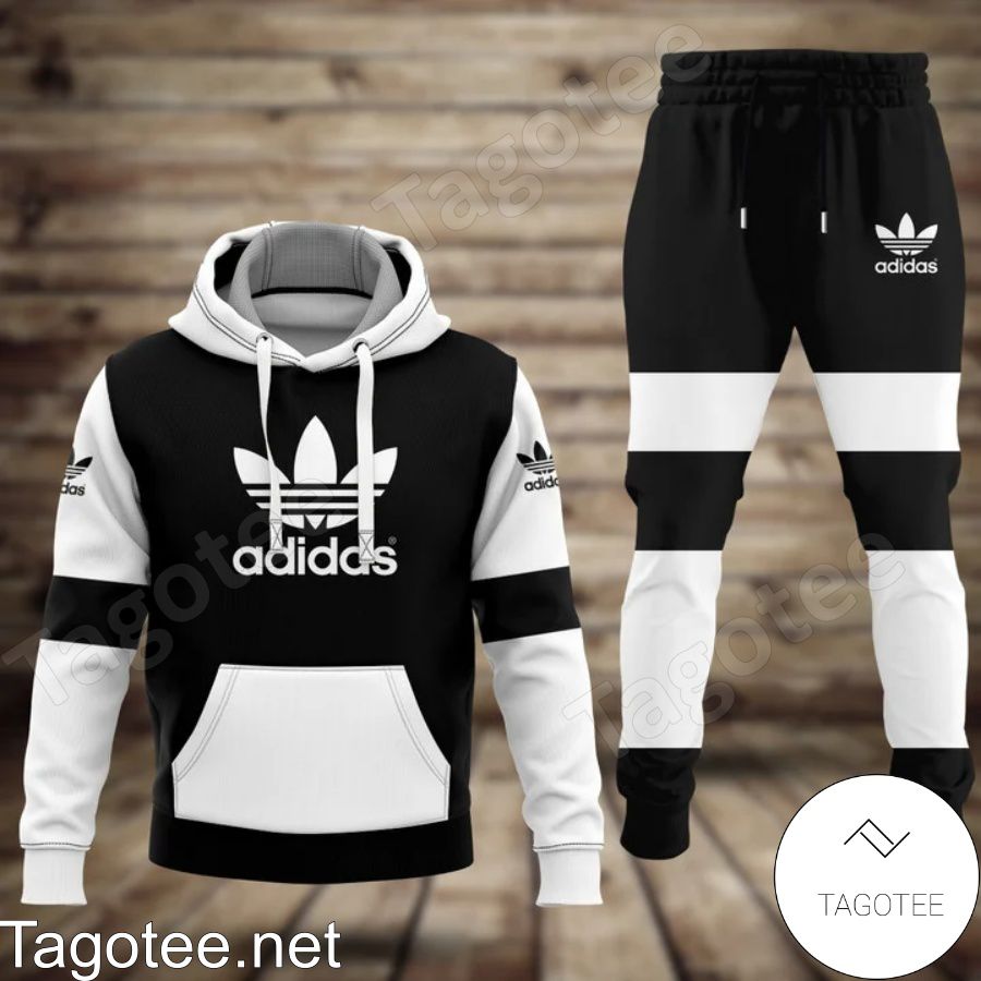 Adidas Luxury Brand Black And White Lines Hoodie And Pants