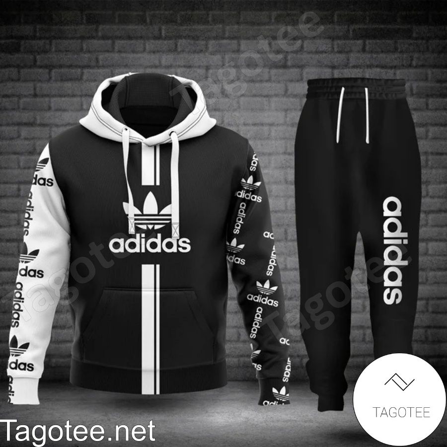 Adidas Luxury Brand Name And Logo Black Mix White Hoodie And Pants