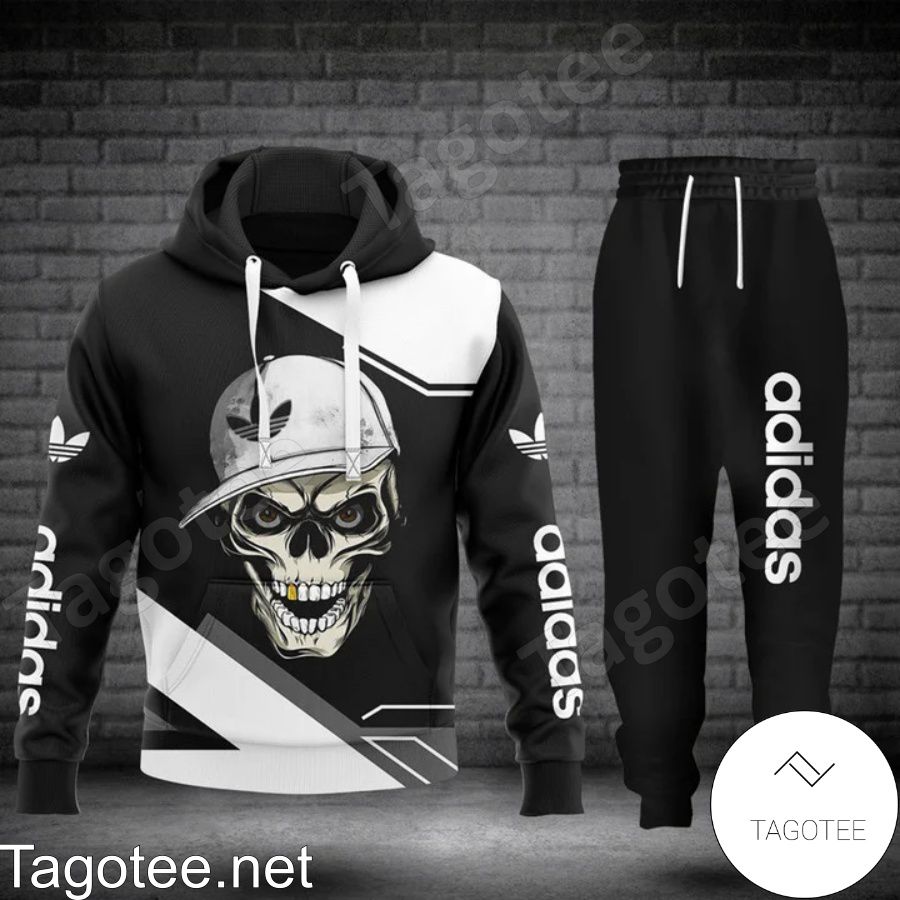 Adidas Skull Wearing Hat Black And White Hoodie And Pants