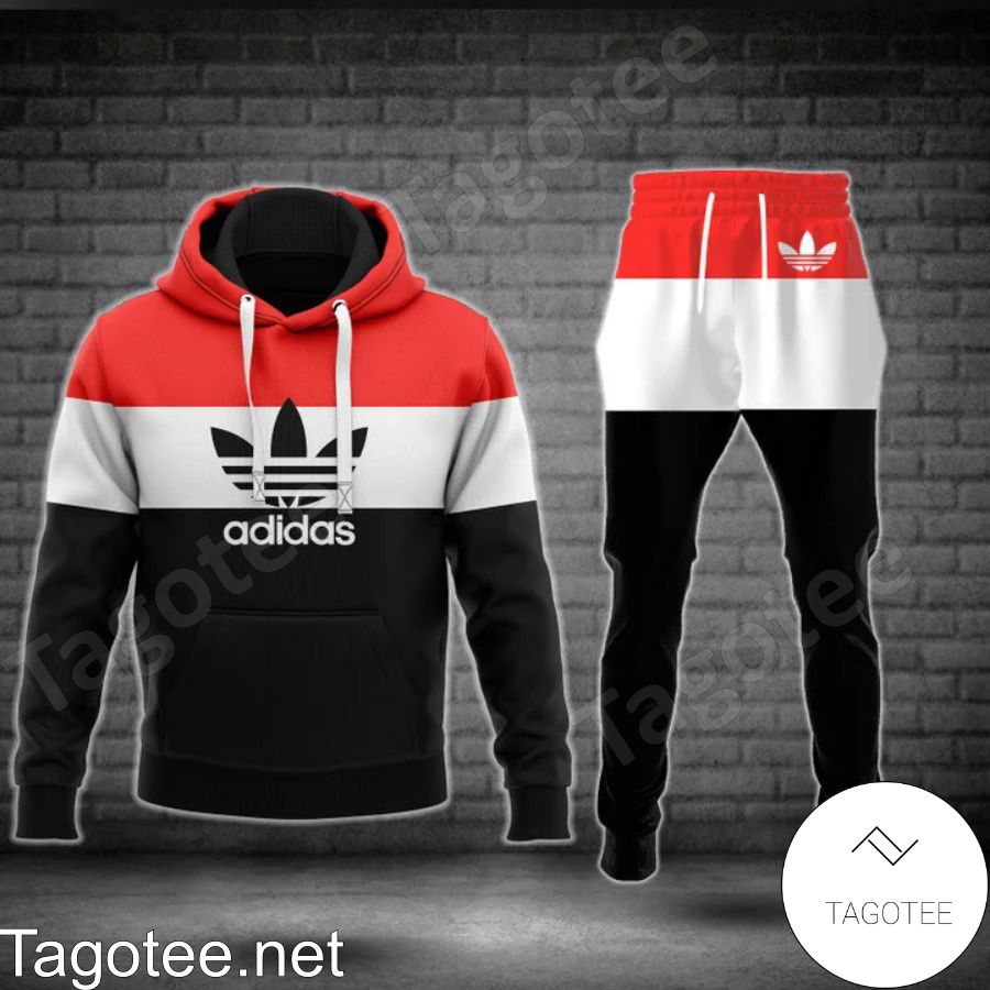 Adidas Three Color Lines Red White Black Hoodie And Pants