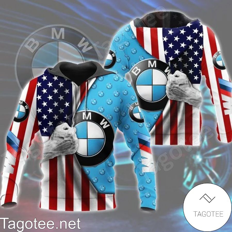 BMW Logo Print Hand Holding American Flag Hoodie
