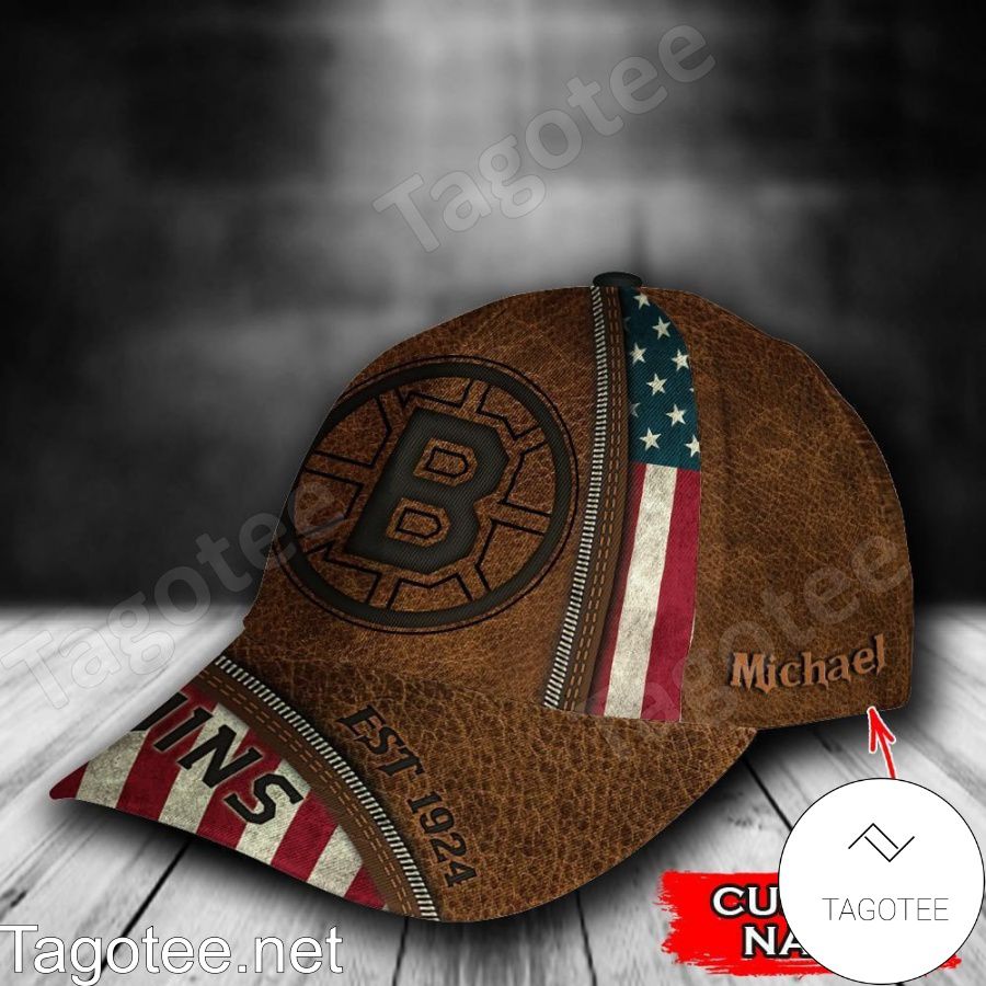 Boston Bruins Leather Zipper Print NHL Custom Name Personalized Cap b