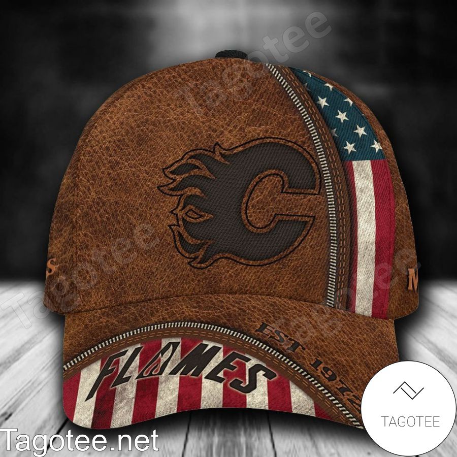Calgary Flames Leather Zipper Print NHL Custom Name Personalized Cap a