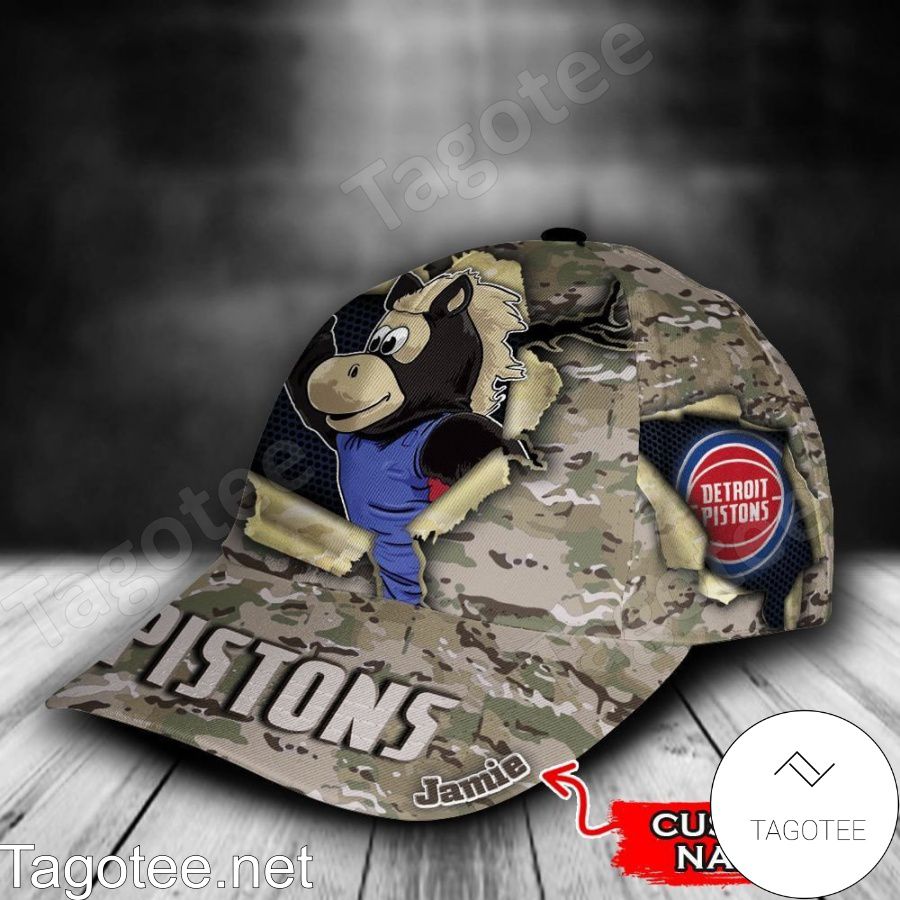 Detroit Pistons Camo Mascot NBA Custom Name Personalized Cap a