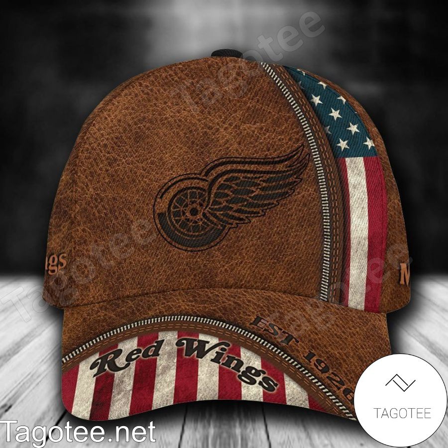 Detroit Red Wings Leather Zipper Print NHL Custom Name Personalized Cap