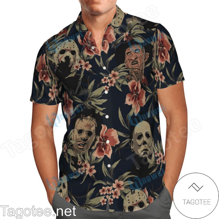 Freddy Krueger, Michael Myers And Jason Vahoones Tropical Flower Hawaiian Shirt b