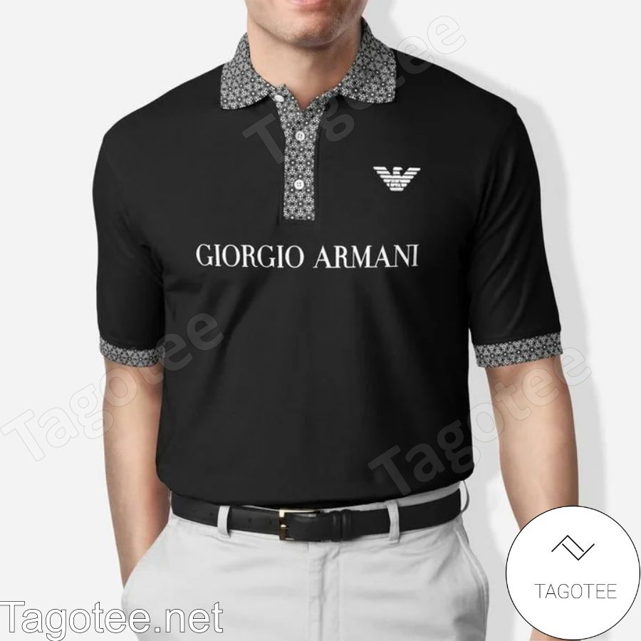 Giorgio Armani Luxury Brand Name Center Black Polo Shirt