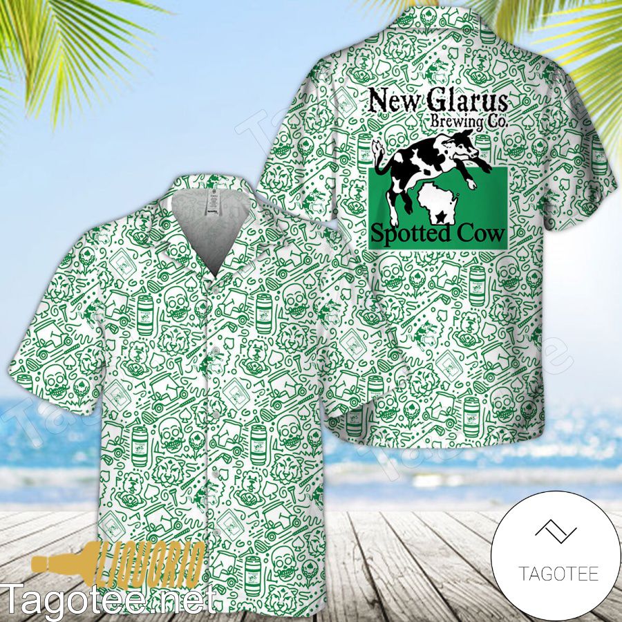 Green New Glarus Spotted Cow Doodle Art Hawaiian Shirt
