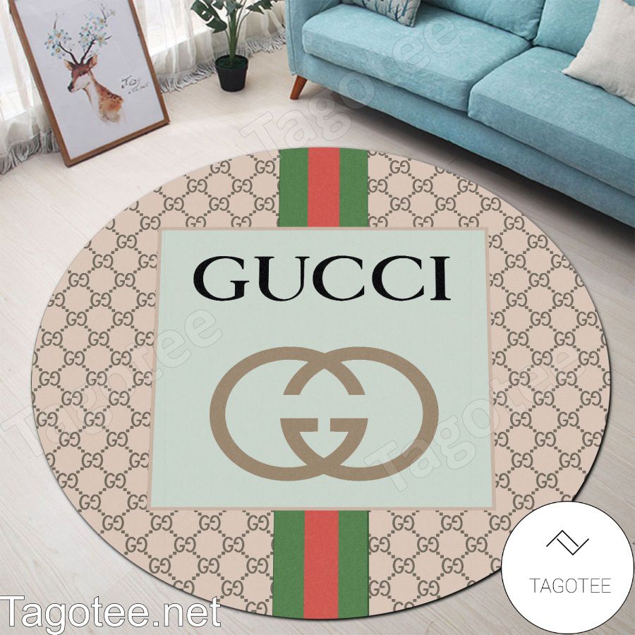 Gucci Beige Monogram With Logo In Green Square And Color Stripes Round Rug