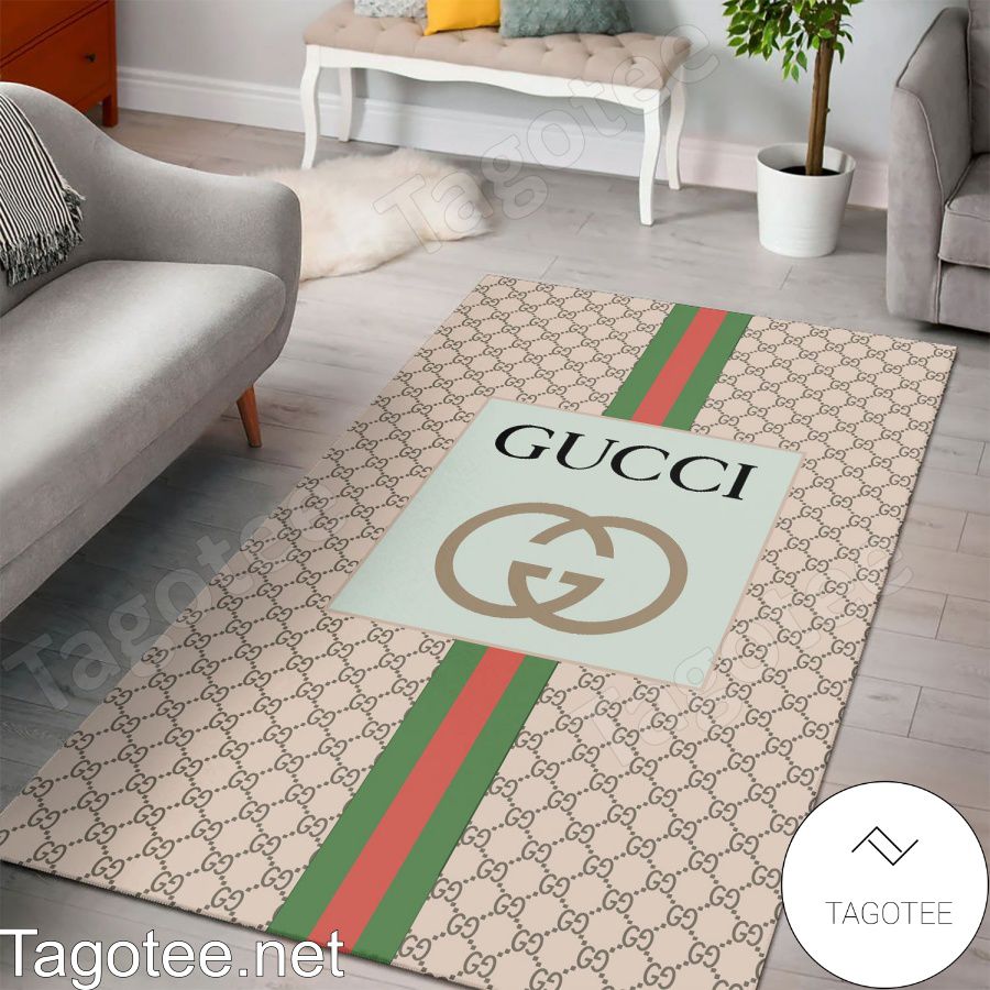 Gucci Beige Monogram With Logo In Green Square And Color Stripes Rug