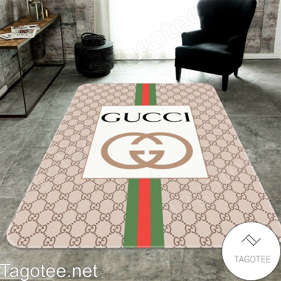Gucci Beige Monogram With Logo In White Square And Color Stripes Rug