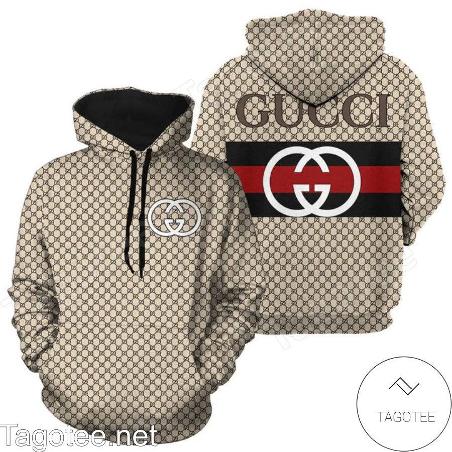 Gucci Beige Monogram With Logo On Black And Red Stripes Back Hoodie