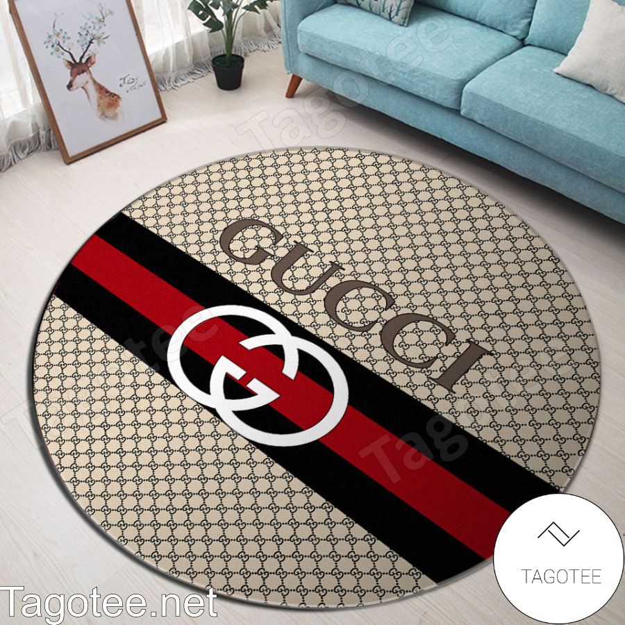 Gucci Beige Monogram With Logo On Black And Red Stripes Round Rug