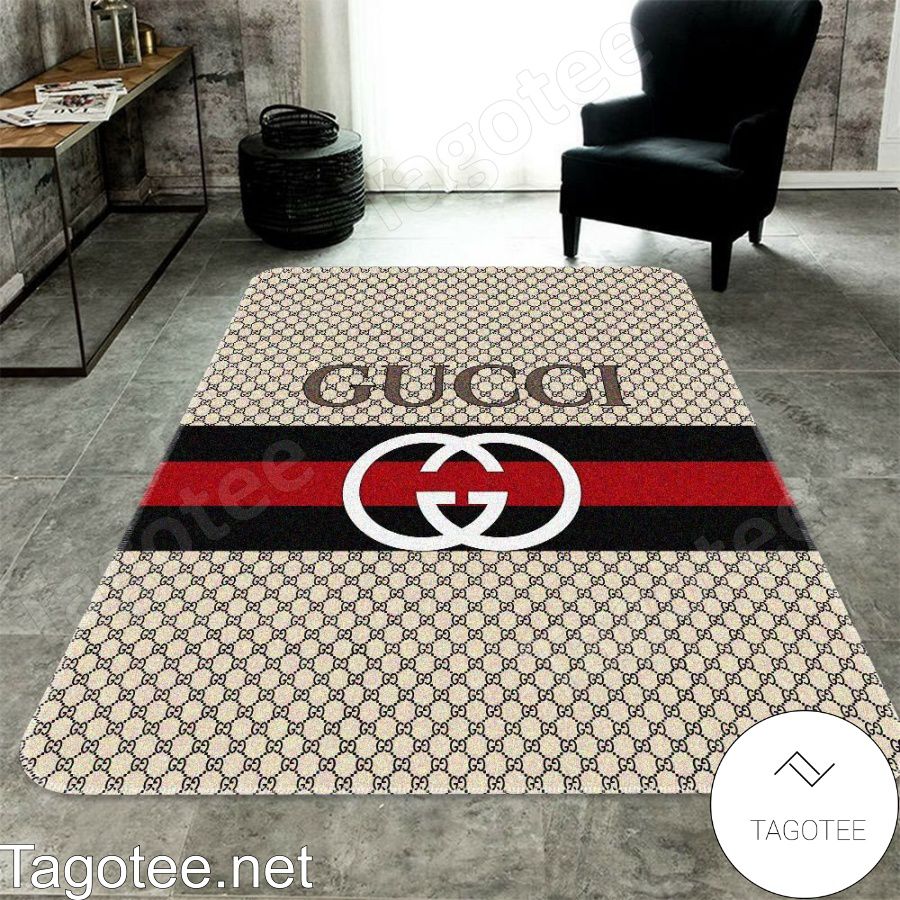 Gucci Beige Monogram With Logo On Black And Red Stripes Rug