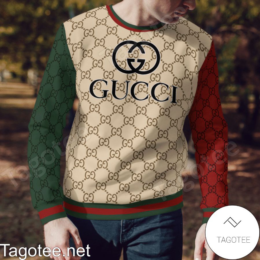 Gucci Beige Monogram With Red And Green Sleeves Sweater a