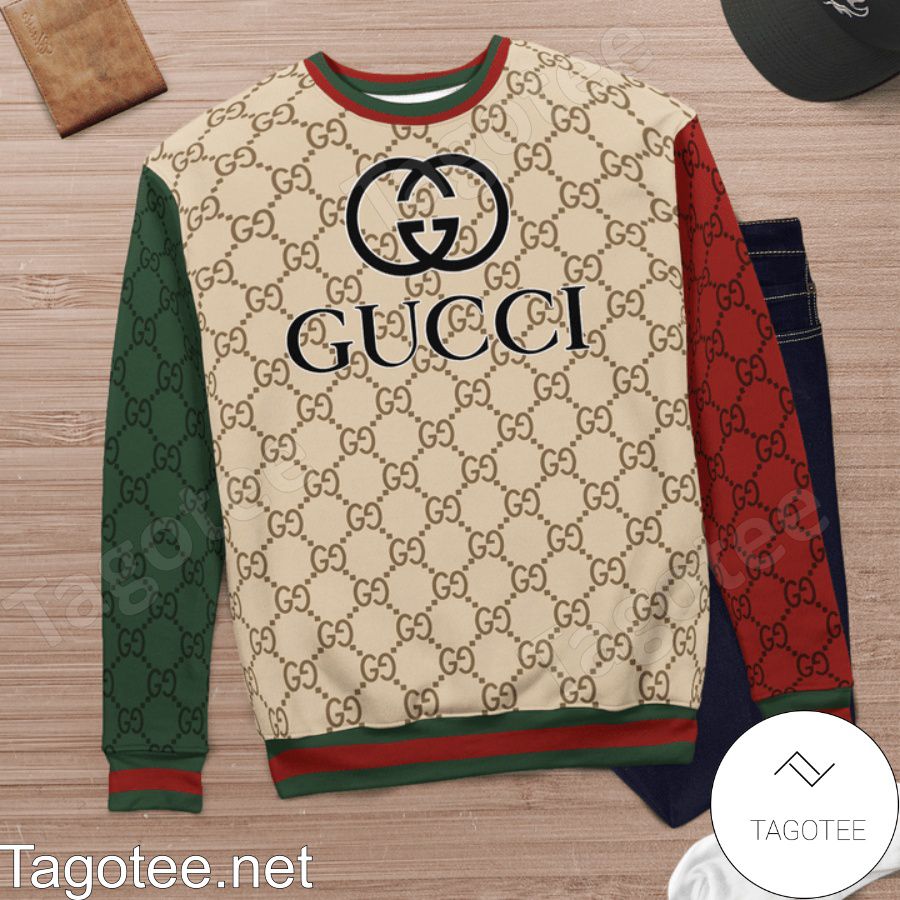 Gucci Beige Monogram With Red And Green Sleeves Sweater c