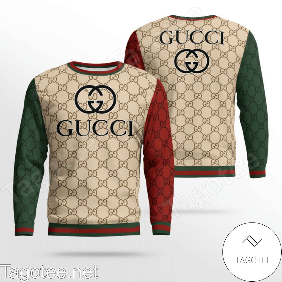 Gucci Beige Monogram With Red And Green Sleeves Sweater