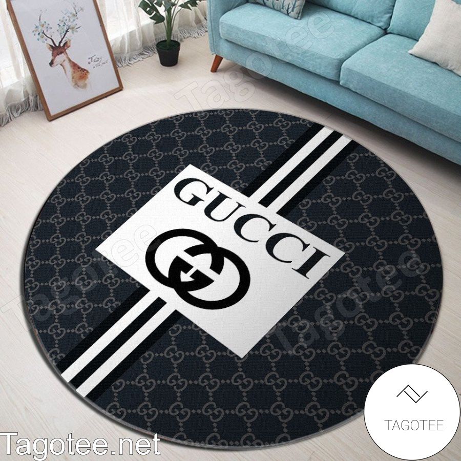 Gucci Big Logo In White Square Navy Round Rug