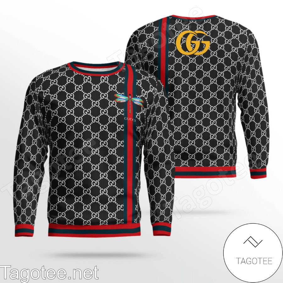 Gucci Black Monogram With Dragonfly On Color Stripes Sweater