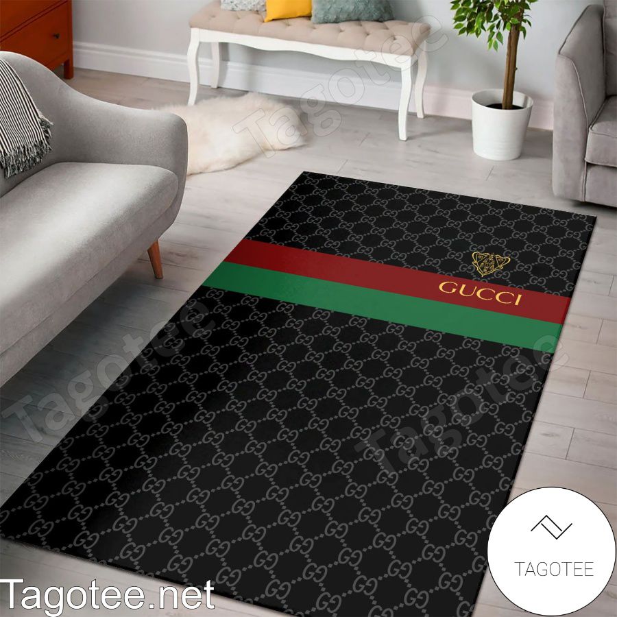 Gucci Black Monogram With Museo Logo Red And Green Stripes Rug