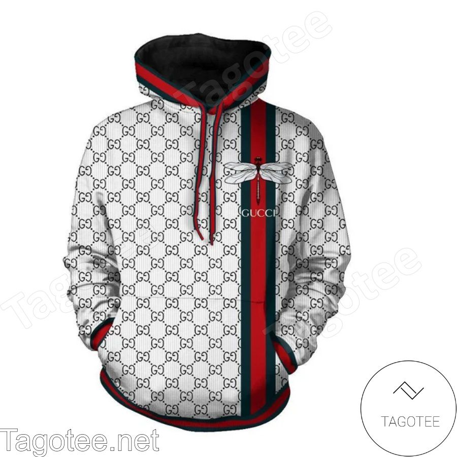 Gucci Dragonfly On Color Stripe White Hoodie