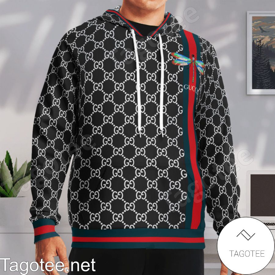 Gucci Dragonfly On Color Stripes Black Hoodie a