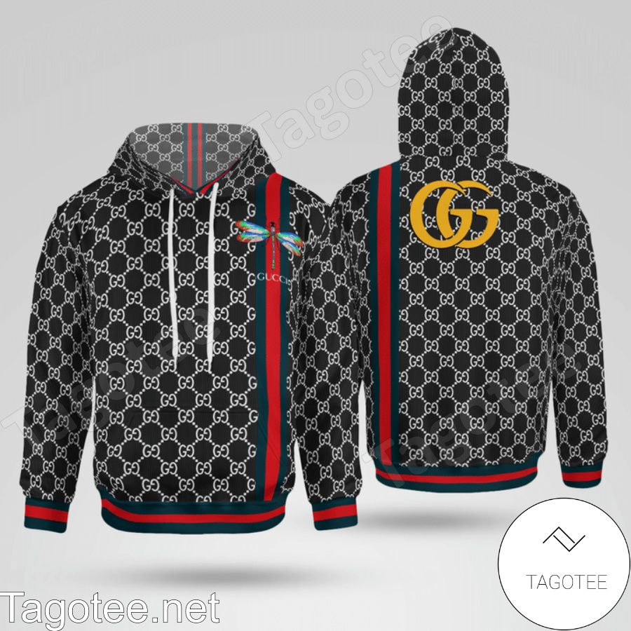 Gucci Dragonfly On Color Stripes Black Hoodie