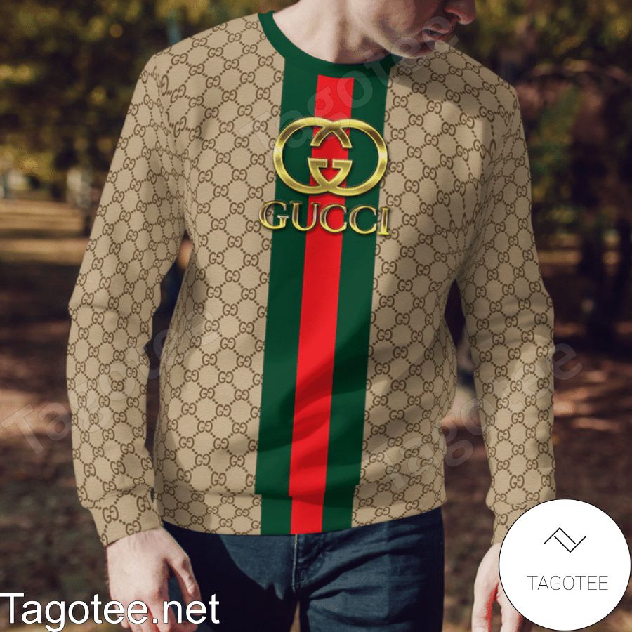 Gucci Gold Logo On Green And Red Vertical Stripes Sweater a