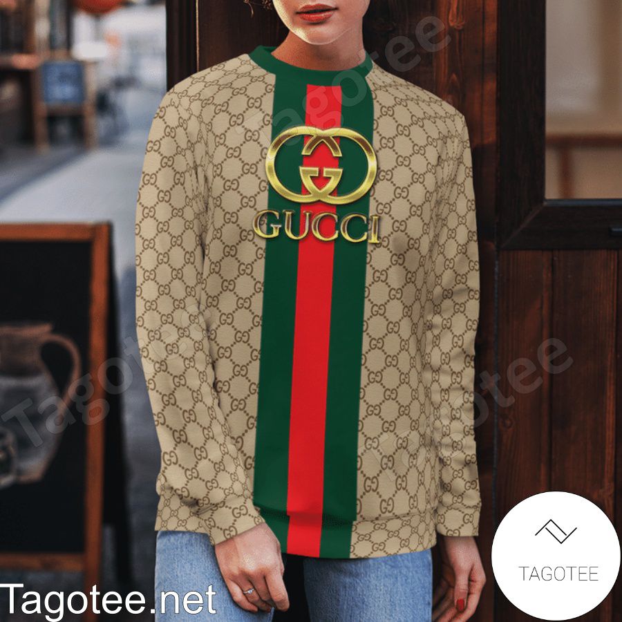 Gucci Gold Logo On Green And Red Vertical Stripes Sweater b