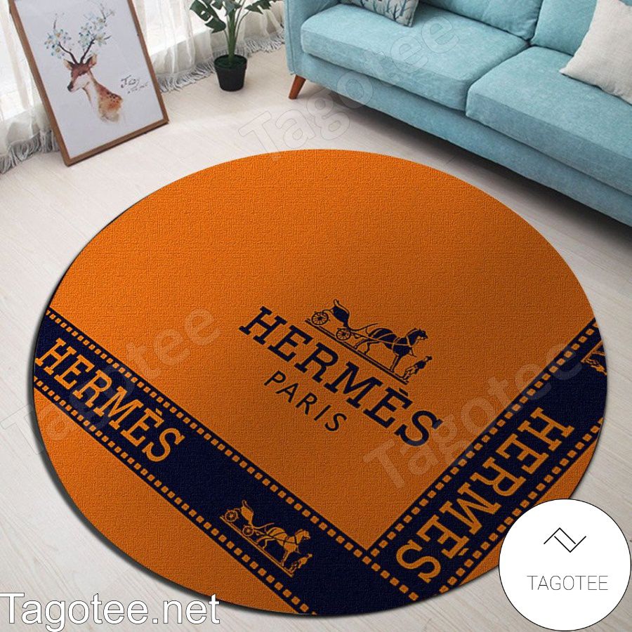 Hermes Paris Luxury Brand Perpendicular Lines Orange Round Rug