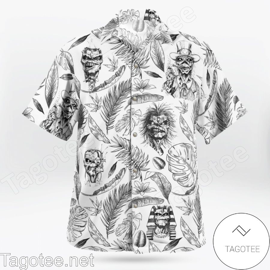 Iron Maiden Black And White Tropical Hawaiian Shirt b