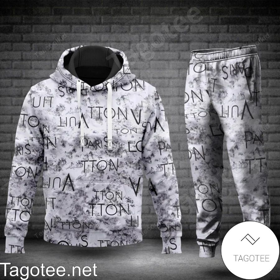 Louis Vuitton Brand Name Messy Print Abstract White Grey Hoodie And Pants