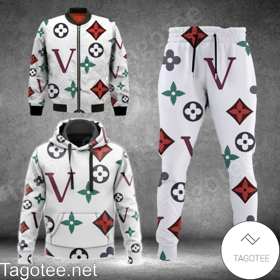 Louis Vuitton Colorful Signature Logo On White Hoodie And Pants