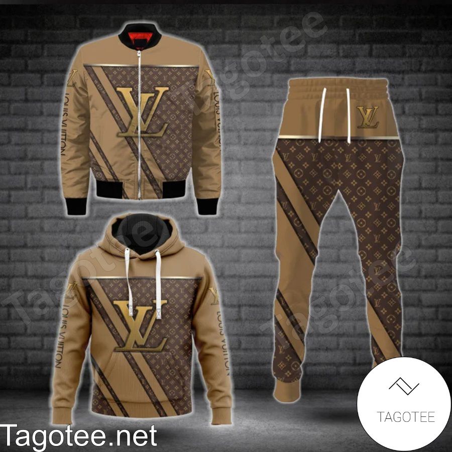 Louis Vuitton Dark Brown Monogram Mix Light Brown With Gold Logo Center Hoodie And Pants