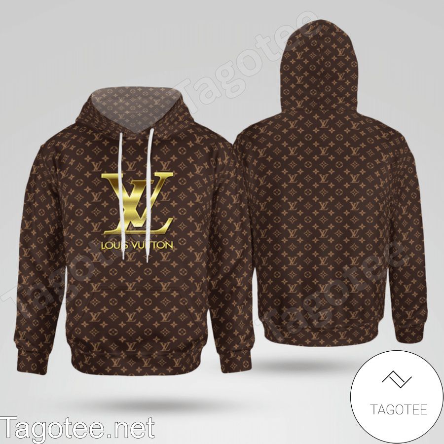 Louis Vuitton Dark Brown Monogram With Big Gold Logo Center Hoodie