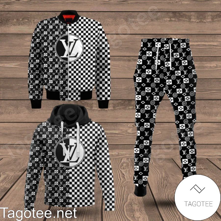 Louis Vuitton Half Checkerboard With Logo Circle Black And White Hoodie And Pants