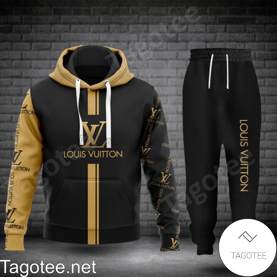 Louis Vuitton Luxury Brand Name And Logo Black Mix Gold Hoodie And Pants