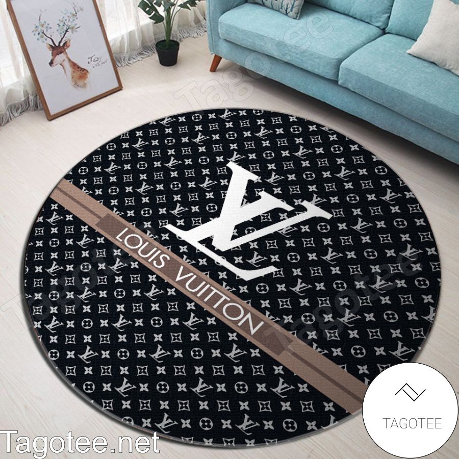 Louis Vuitton Monogram With Brand Name On Stripe Black Round Rug