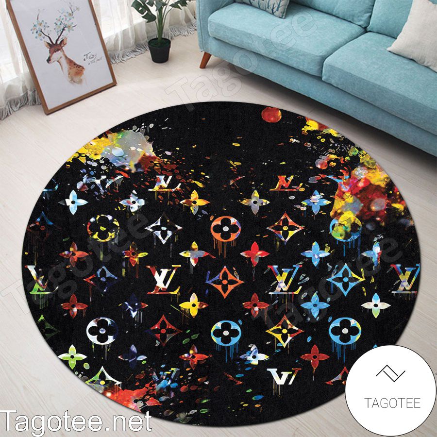 Louis Vuitton Multicolor Splatters Black Round Rug - Tagotee