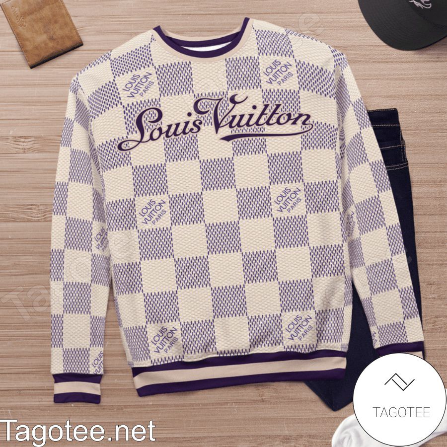 Louis Vuitton Beige And Purple Checkerboard Hawaiian Shirt And Beach Shorts  - Tagotee