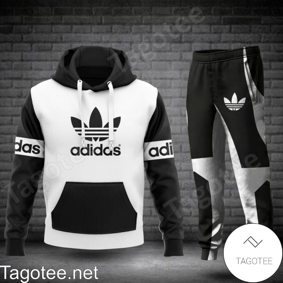 Luxury Adidas With Big Logo Center Black And White Hoodie And Pants