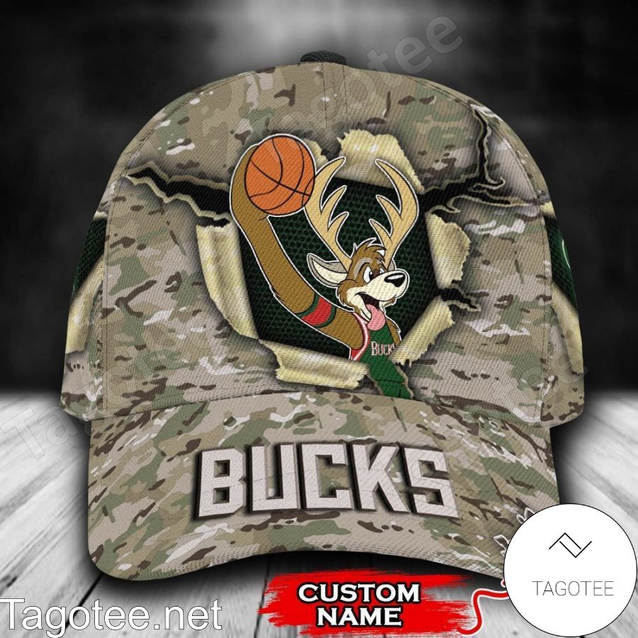 Milwaukee Bucks Camo Mascot NBA Custom Name Personalized Cap