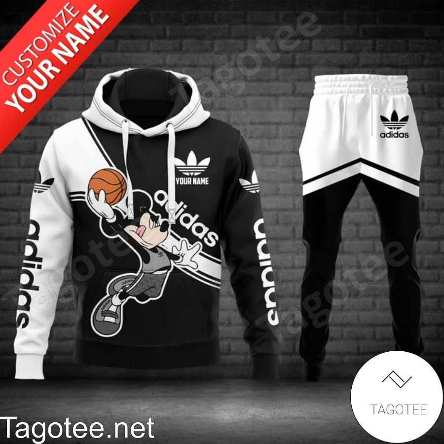 Personalized Adidas Mickey Mouse With Ball Black And White Hoodie And Pants