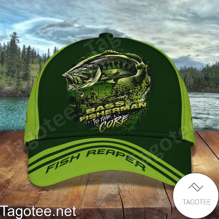 Personalized Bass Fisherman To The Core Fish Reaper Green Cap a