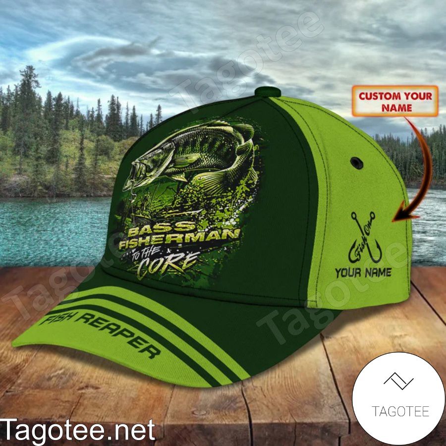 Personalized Bass Fisherman To The Core Fish Reaper Green Cap