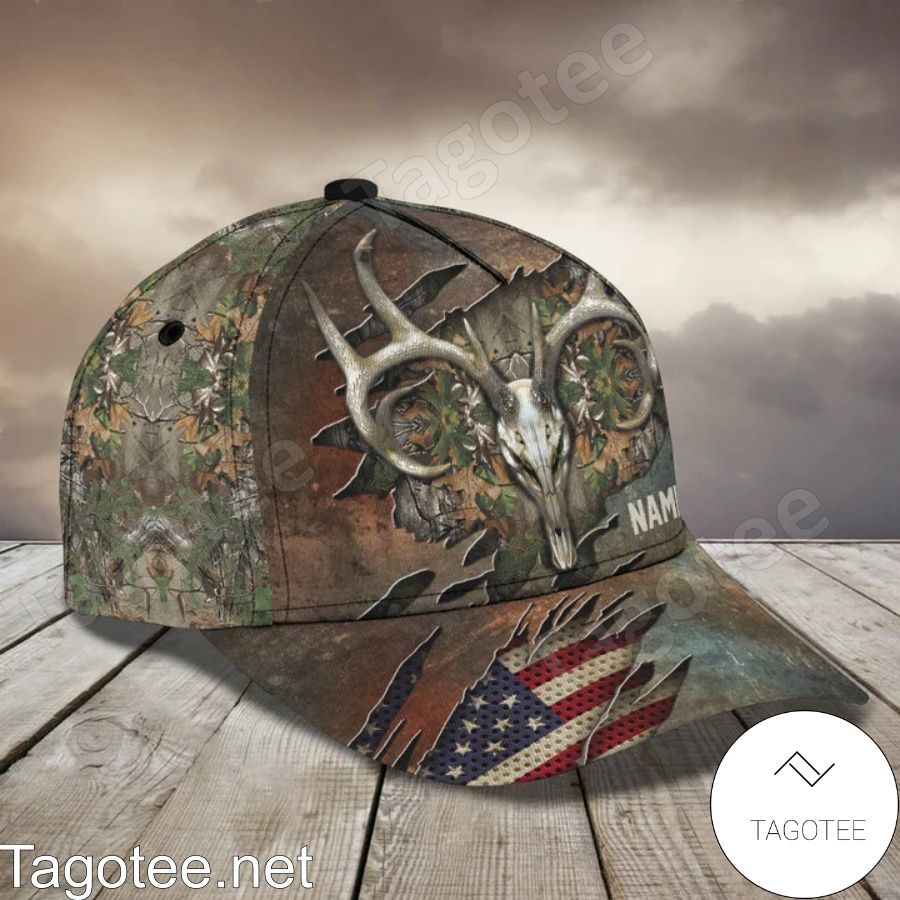 Personalized Deer Hunting Skull American Flag Torn Cap a