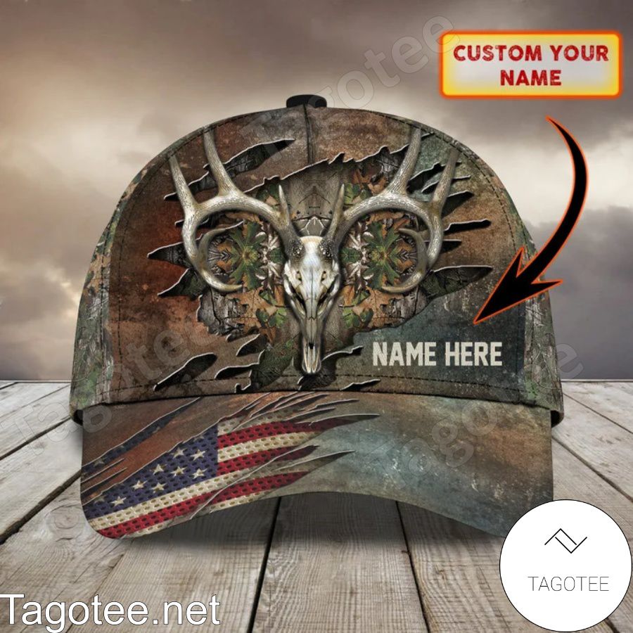 Personalized Deer Hunting Skull American Flag Torn Cap